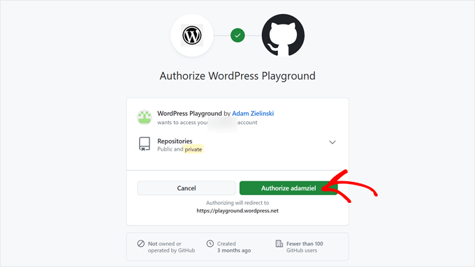 Autorizzazione di WordPress Playground in GitHub