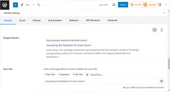 The AIOSEO settings in the WordPress block editor The AIOSEO settings in the WordPress block editor
