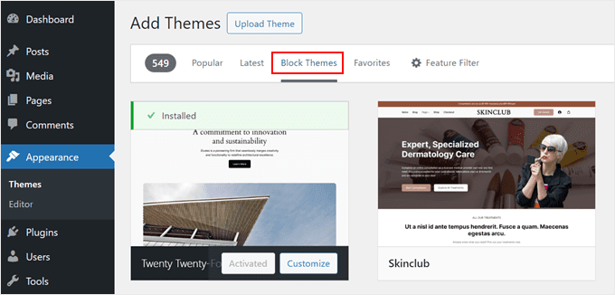 Finding WordPress block themes in the admin area Finding WordPress block themes in the admin area