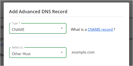 Choosing the DNS record type and refers to setting in Bluehost Choosing the DNS record type and refers to setting in Bluehost