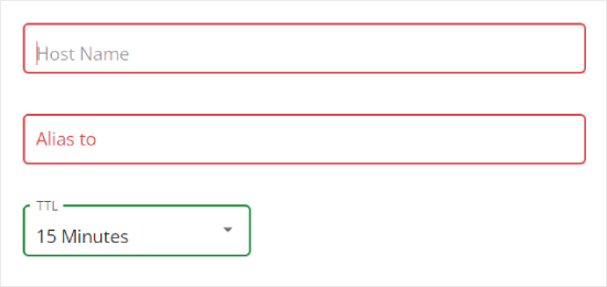 The Host Name, Alias, and TTL fields when adding a new DNS record in Bluehost The Host Name, Alias, and TTL fields when adding a new DNS record in Bluehost
