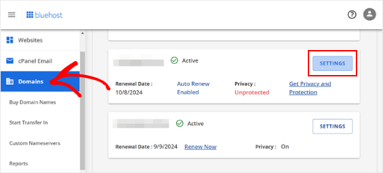 Opening Bluehost's Domains page and clicking Settings Opening Bluehost's Domains page and clicking Settings