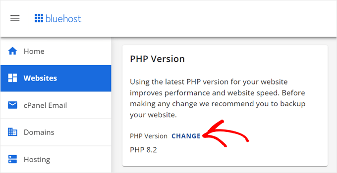 Clicking the Change button in Bluehost to update a website's PHP version Clicking the Change button in Bluehost to update a website's PHP version