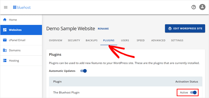 Activating the Bluehost plugin from the Bluehost dashboard Activating the Bluehost plugin from the Bluehost dashboard