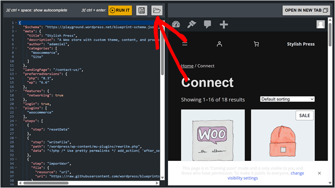 Caricamento di un blueprint esistente in WordPress Playground