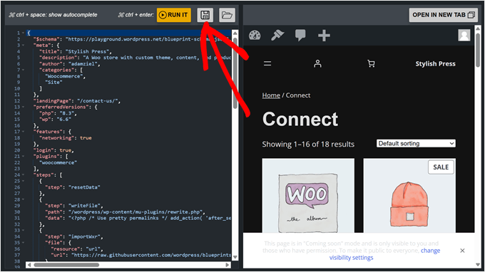 Salvataggio di un'istanza di WordPress Playground come blueprint