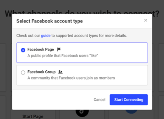Choosing a Facebook account page to connect to Buffer Choosing a Facebook account page to connect to Buffer