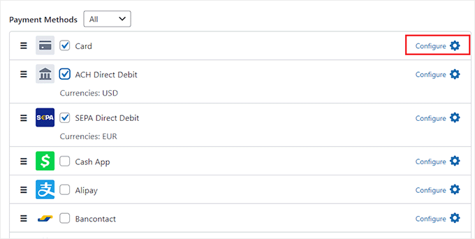 Scegli un metodo di pagamento selezionando la casella accanto a queste opzioni