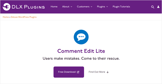 La page de destination de Comment Edit Core pour la version gratuite du plugin