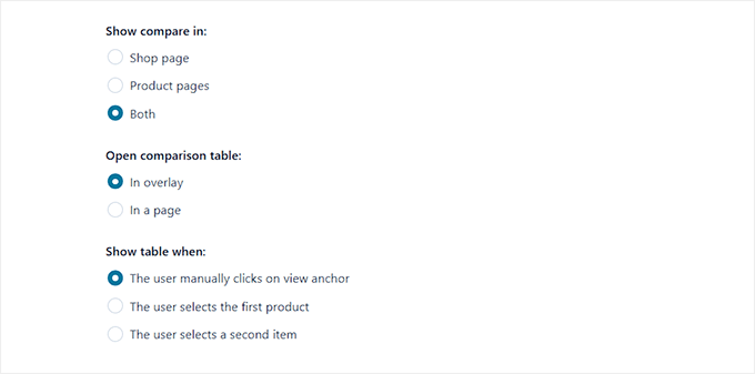 Configure comparison table settings Configure comparison table settings