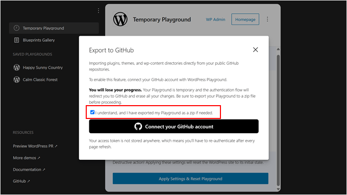 Collegamento di WordPress Playground a GitHub