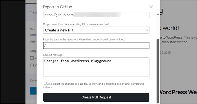 Creazione di una pull request GitHub in WordPress Playground