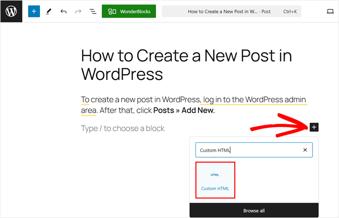 Aggiunta del blocco HTML personalizzato nell'editor a blocchi