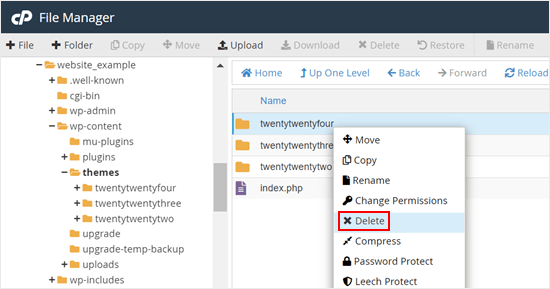 Löschen eines WordPress-Themes über den Dateimanager Löschen eines WordPress-Themes über den Dateimanager