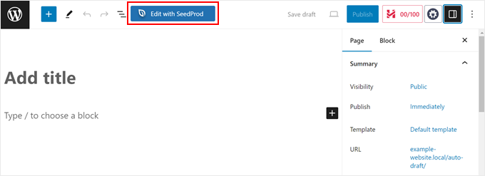 Clicking the Edit with SeedProd button in the WordPress block editor Clicking the Edit with SeedProd button in the WordPress block editor