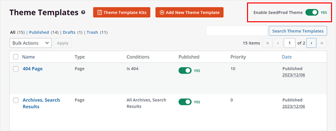Enabling the SeedProd theme template kit in WordPress Enabling the SeedProd theme template kit in WordPress