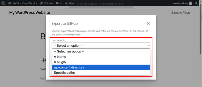 Scelta del tipo di file da esportare su GitHub in WordPress Playground