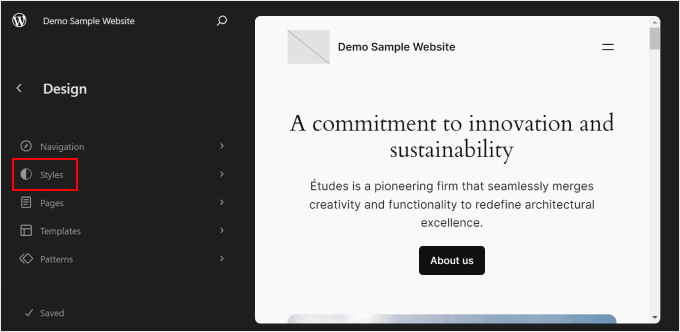 Clicking Styles in the Full Site Editing interface Clicking Styles in the Full Site Editing interface