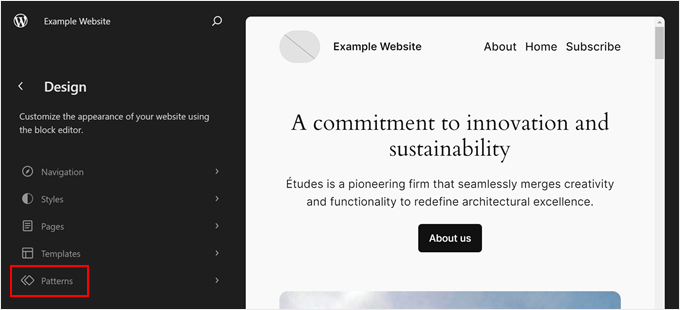 Clicking the Patterns menu in the Full Site Editor Clicking the Patterns menu in the Full Site Editor