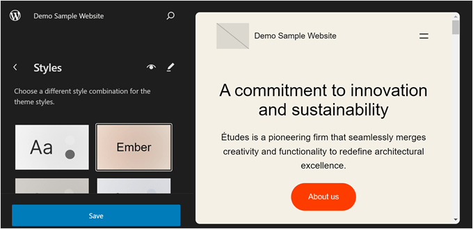 Choosing a theme style in the Full Site Editor Choosing a theme style in the Full Site Editor
