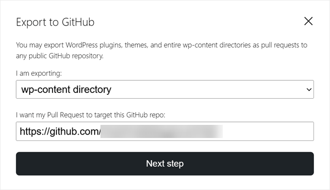 Scelta del repository pubblico GitHub di destinazione in WordPress Playground