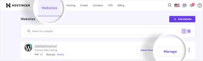 Hostingerのウェブサイトタブに切り替えて、管理ボタンをクリックする