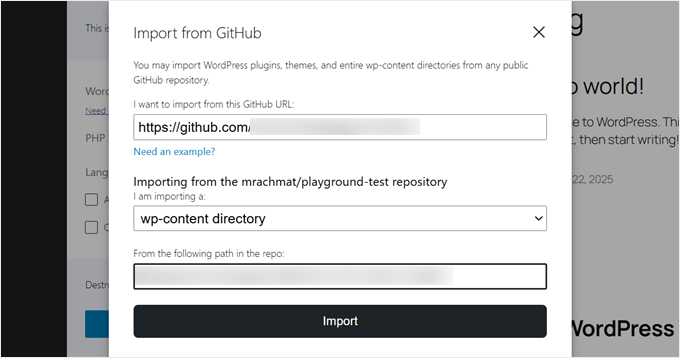 Specificare quali file importare da GitHub in WordPress Playground