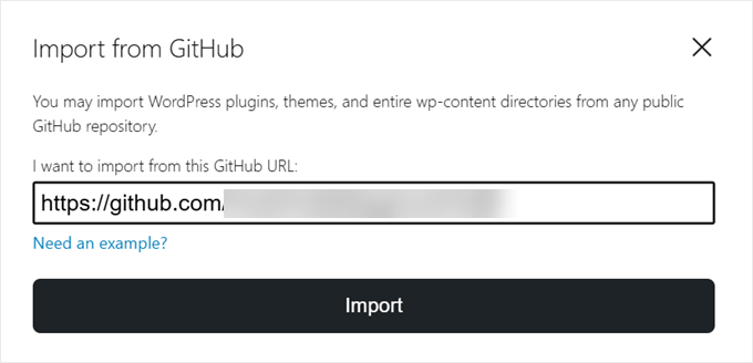 Inserimento del repository o del percorso GitHub da importare in WordPress Playground