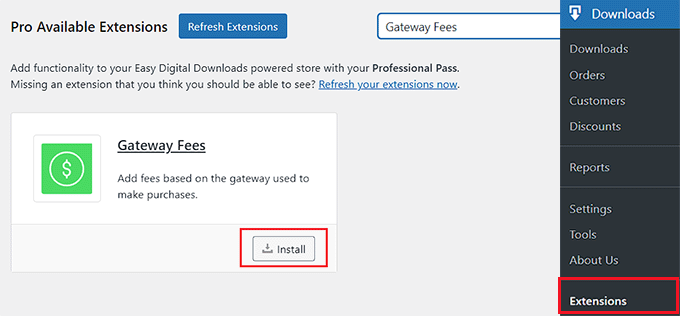 Installa l'estensione EDD Gateway Fees