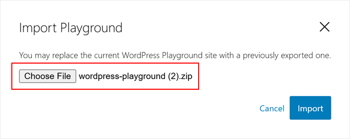 Caricamento di un file zip di WordPress Playground