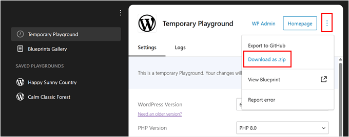 Download di un'istanza di WordPress Playground in un file zip