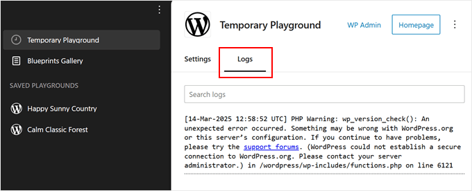Visualizzazione dei log degli errori di WordPress Playground