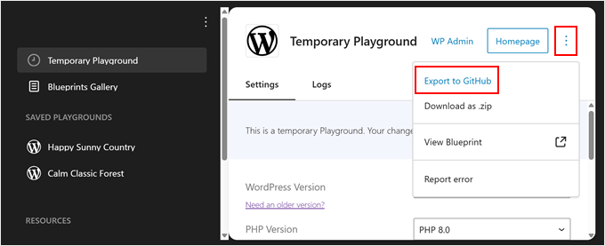 Esportazione di un'istanza di WordPress Playground su GitHub