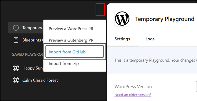 Importazione di una pull request GitHub in WordPress Playground