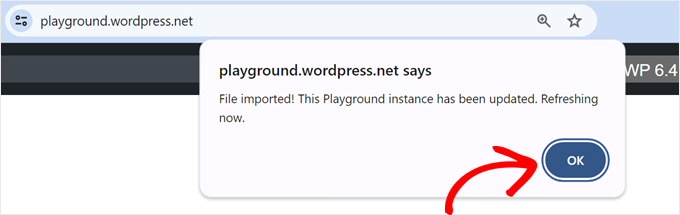 Un messaggio popup che indica che l'importazione del file di WordPress Playground è riuscita
