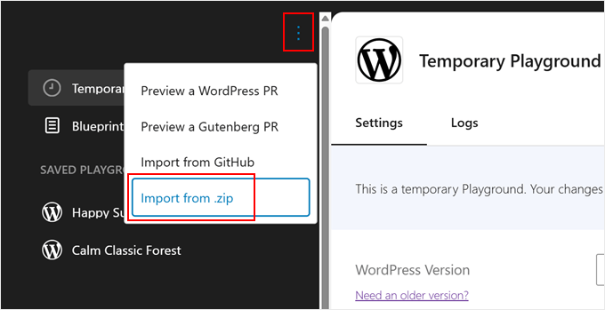 Importazione di un'istanza di WordPress Playground