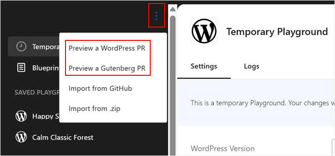 Anteprima di una Pull Request WordPress o Gutenberg in Playground