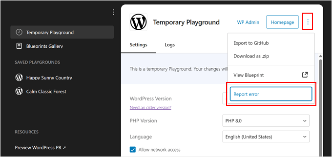 Segnalazione di un errore in WordPress Playground