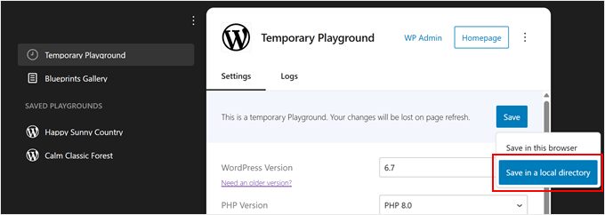 Salvataggio di un'istanza di WordPress Playground nella directory locale
