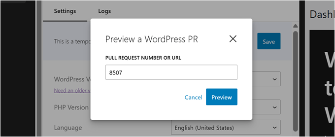 Inserimento dell'URL o del numero della pull request di WordPress su GitHub in WordPress Playground