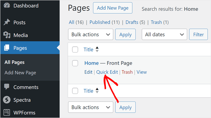Clicking the Quick Edit button in the WordPress Pages page Clicking the Quick Edit button in the WordPress Pages page
