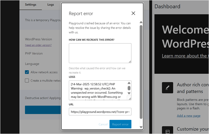 Descrizione dell'errore in WordPress Playground