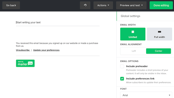 Un editor di testo ricco per email