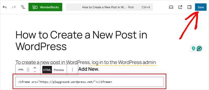 Incolla del codice di incorporamento iFrame per WordPress Playground nell'editor a blocchi