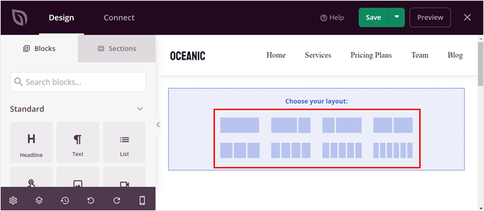 Choosing a layout for the section in a SeedProd theme template Choosing a layout for the section in a SeedProd theme template
