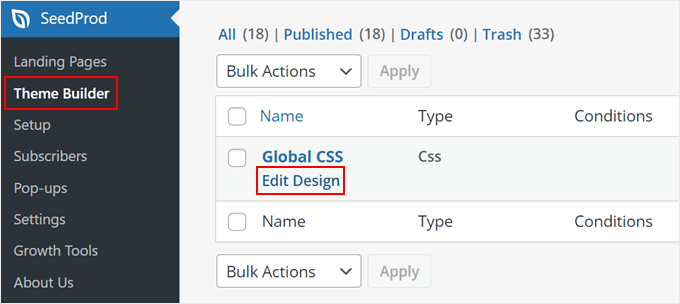 Editing a theme template kit's Global CSS in SeedProd Editing a theme template kit's Global CSS in SeedProd