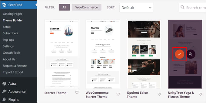 Choosing a theme template in SeedProd Choosing a theme template kit in SeedProd