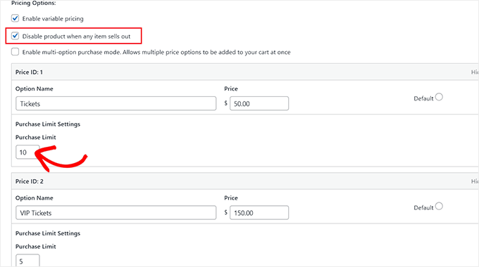 Set different purchase limits for the various pricing packages of a digital product