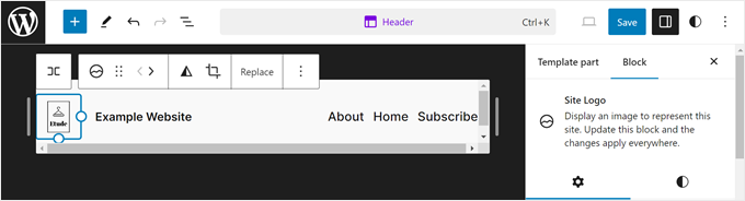 Adding the Site Logo block to the header in the Full Site Editor Adding the Site Logo block to the header in the Full Site Editor
