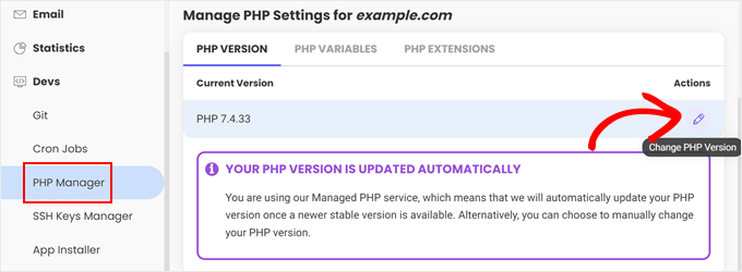 SiteGroundのPHPマネージャーを開き、そこにある鉛筆ボタンをクリックする